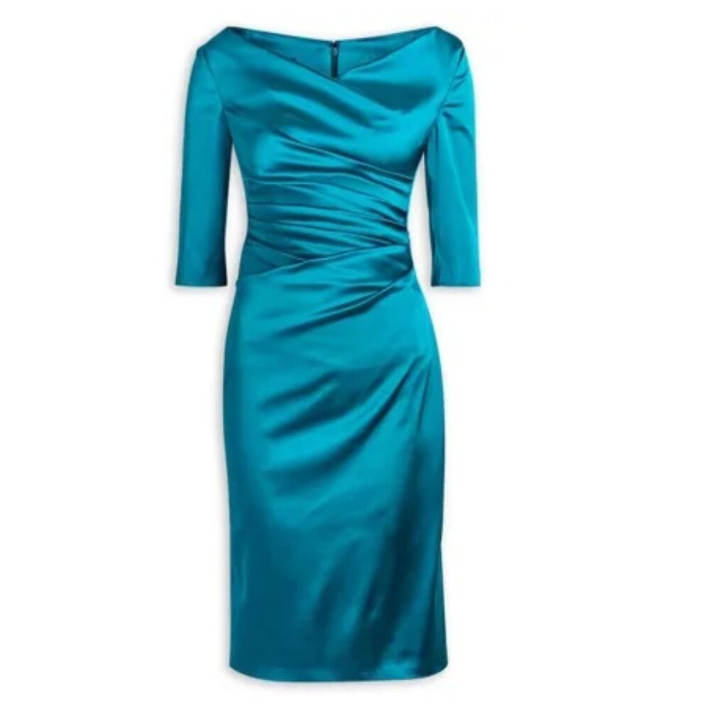 Talbot Runhof Komoe3 Cocktail Dress / Size 6 / Size 36 / Turquoise Gathered